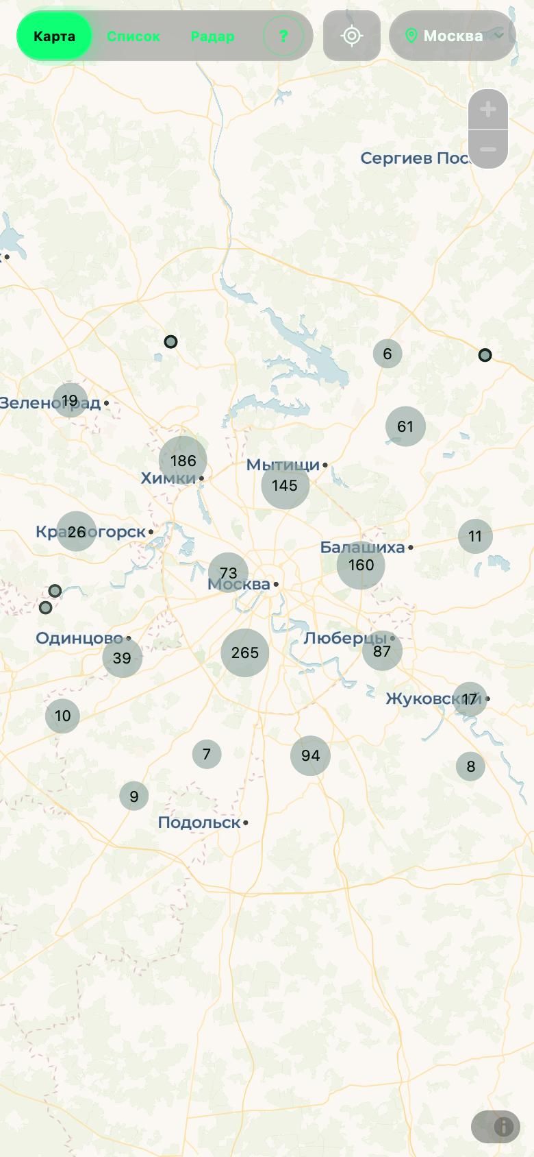 Мобильная карта zapravki.info с группами заправок вокруг Москвы